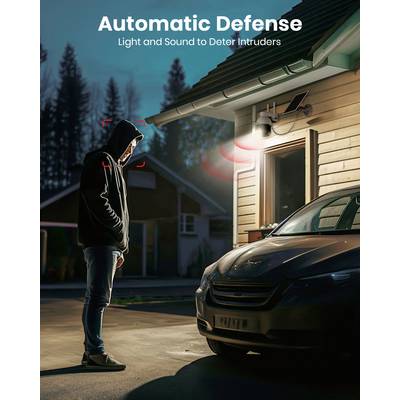 A man in a hoodie stands in an illuminated area in front of a house with car headlights. Text at the top: 'Automatic Defence: Light and Sound to Deter Intruders'.