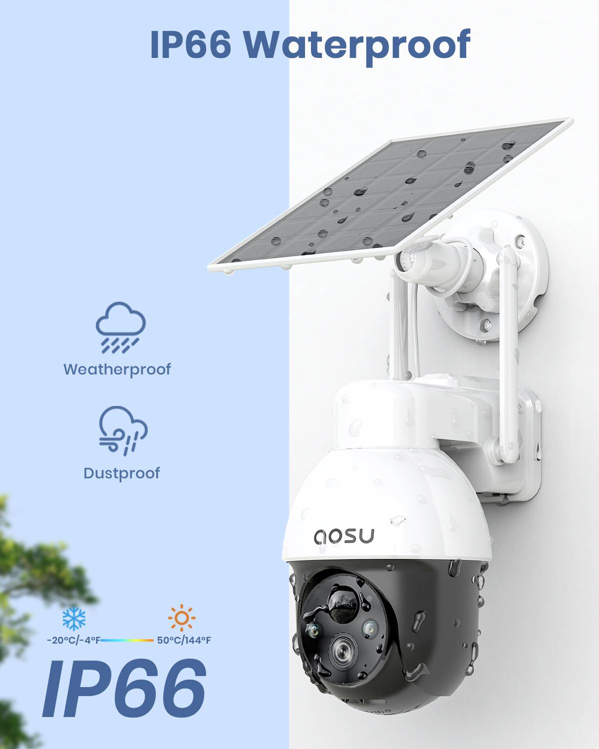 Solar-powered security camera, marked 'IP66 Waterproof', weatherproof and dust-tight, operating temperature range from -20°C to 50°C.