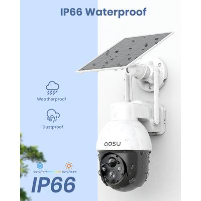 Solar-powered security camera, marked 'IP66 Waterproof', weatherproof and dust-tight, operating temperature range from -20°C to 50°C.