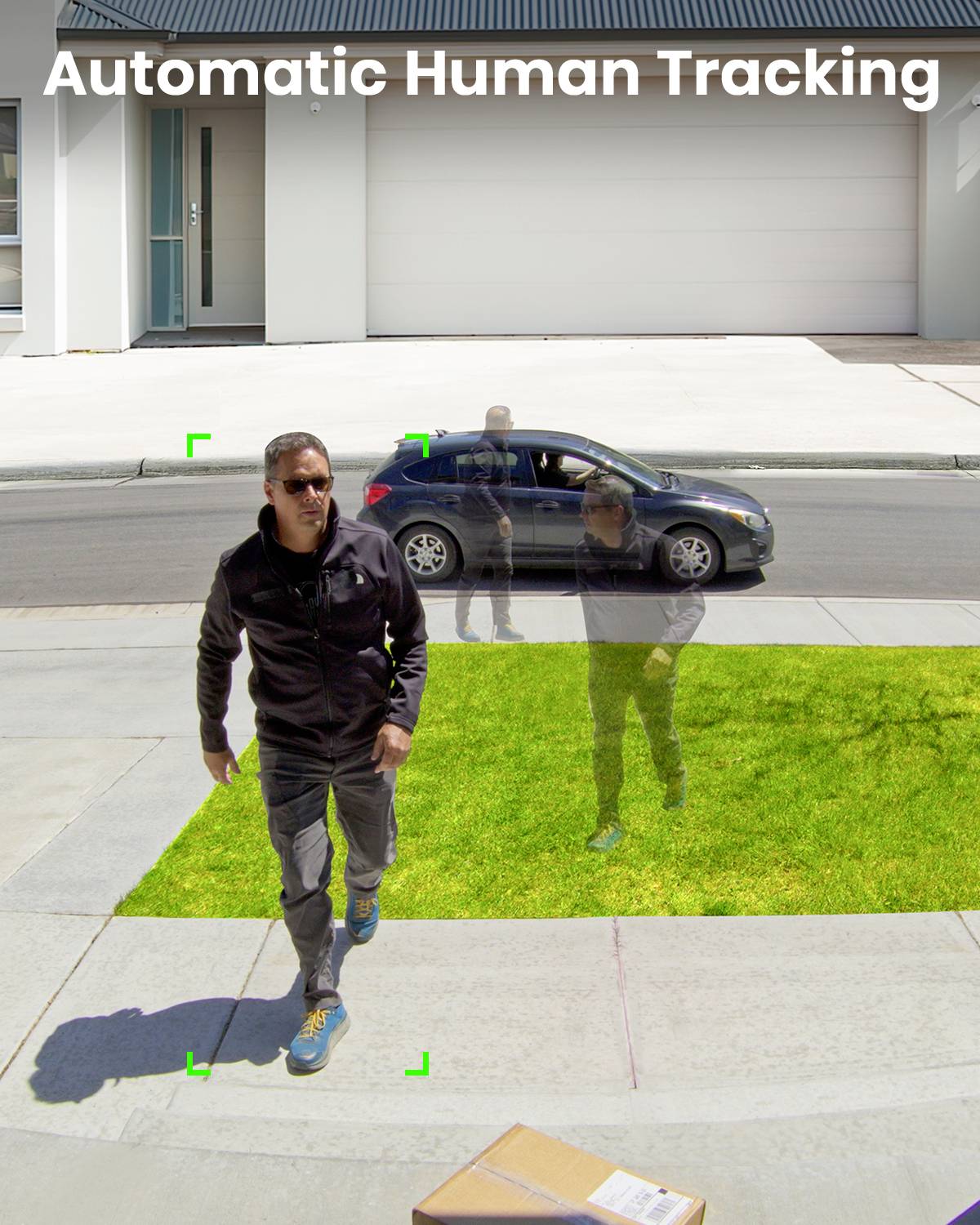 A man walks step by step towards a package lying on a pavement. Text at the top: 'Automatic Human Tracking'.