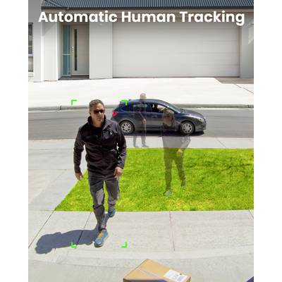 A man walks step by step towards a package lying on a pavement. Text at the top: 'Automatic Human Tracking'.