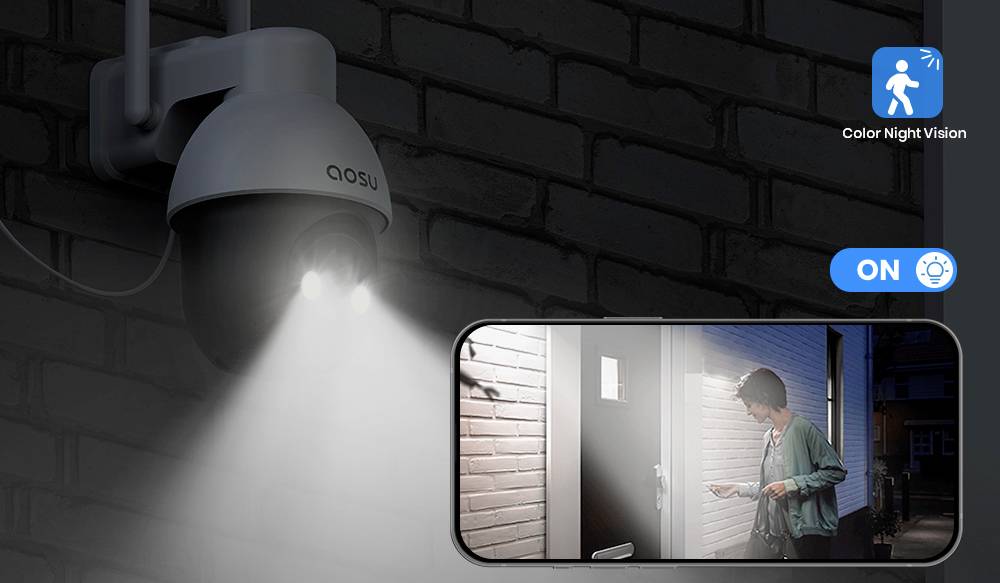 A surveillance camera with colour night vision shows a person standing in front of a front door at night. The camera is switched on.