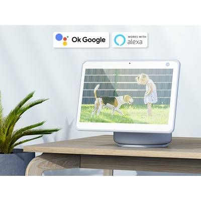 A smart speaker with a display shows a photo of a child and a dog in the garden. Top left, icons for 'Ok Google' and 'Works with Alexa'.