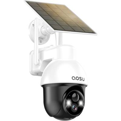 Security camera with solar panel, mounted on a wall, equipped with motion sensor and night vision function.