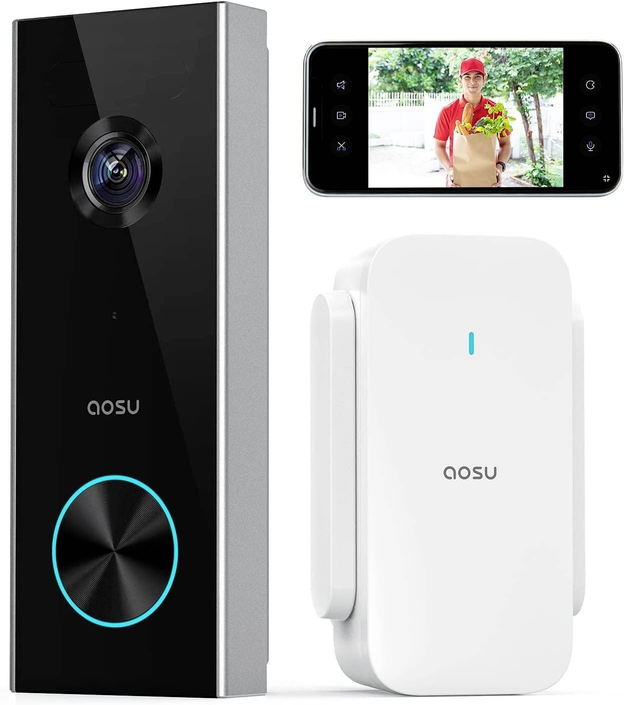 A doorbell kit shows a video doorbell, a receiver, and a display depicting a parcel delivery person with a bag of groceries.