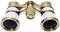 A pair of opera glasses with a golden frame and white details, lying on a white surface.