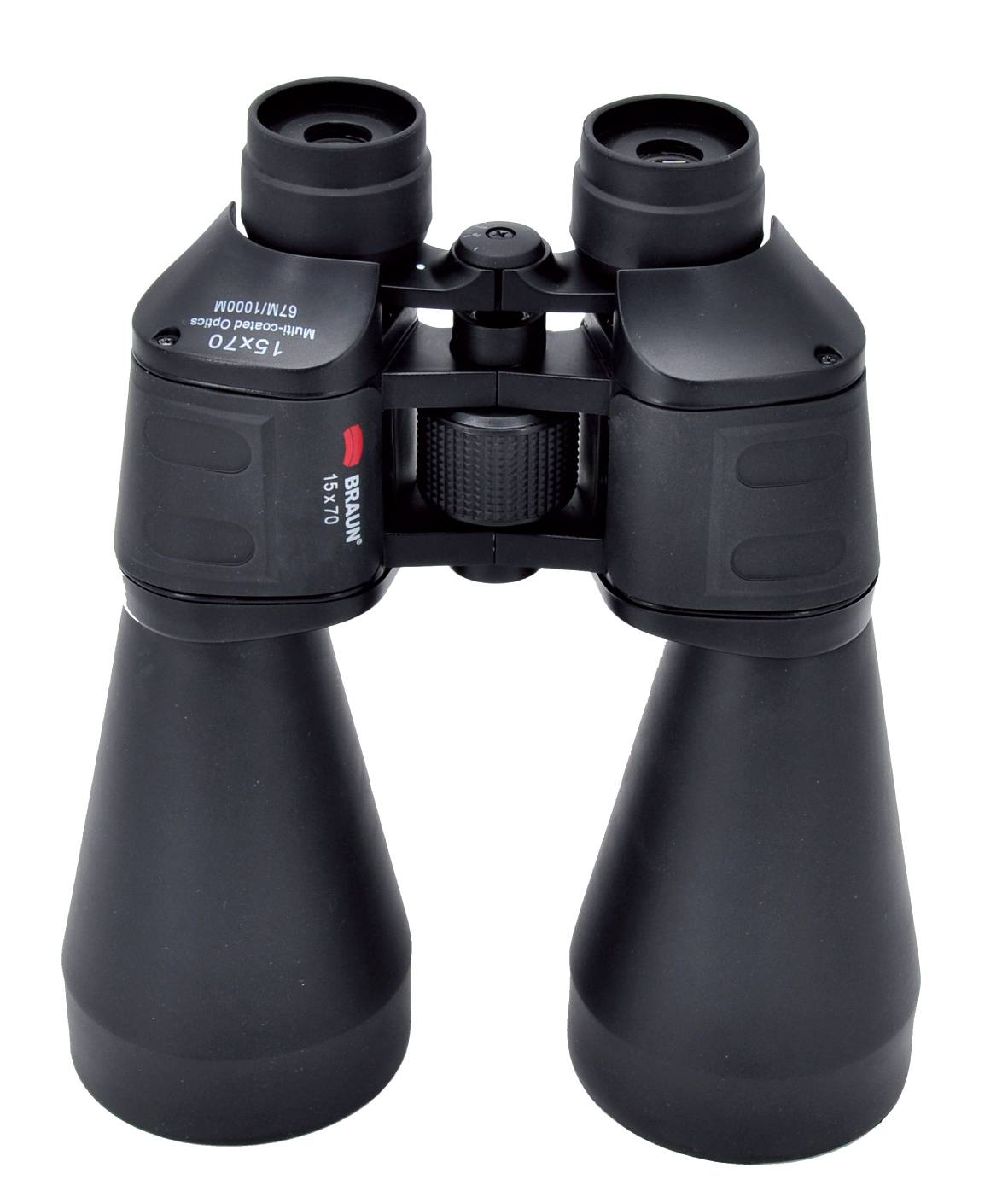 Black binoculars with high magnification, robust design and non-slip grips, ideal for wildlife watching or sporting events.