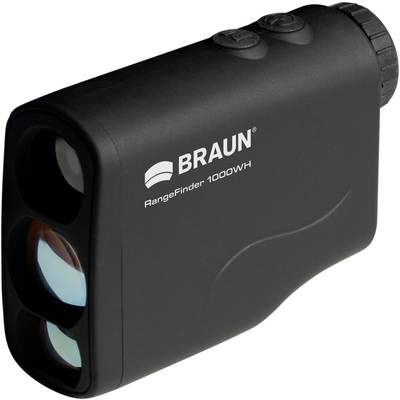 Laser distance measuring device with two lenses and a rubber-coated surface. Brand name 'BRAUN' and model 'RangeFinder 1000WH' visible.