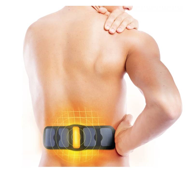 A man is holding his back, which is overlaid with a glowing area from a pain relief device, indicating back pain.