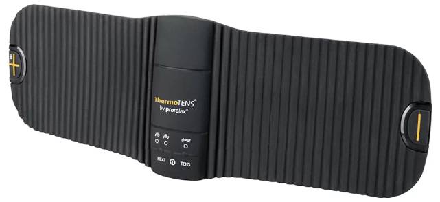 A black, foldable device called 'ThermoTENS' for heat and TENS therapy; it has control buttons and is by prenHEALTH.