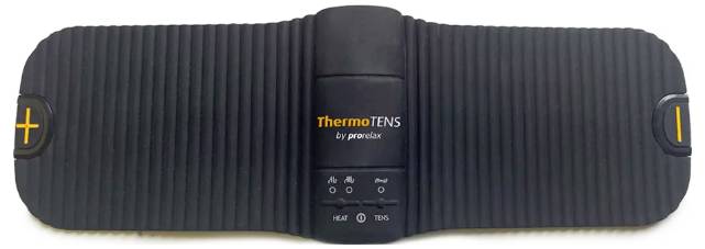 Black TENS belt 'ThermoTENS by prorelax' with yellow plus and minus symbols on the sides and controls in the centre.
