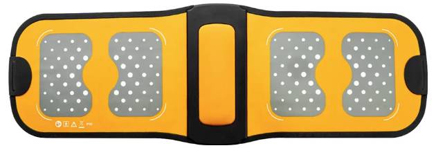 An orange electronic muscle stimulation device with two dotted electrode surfaces and a central control element.