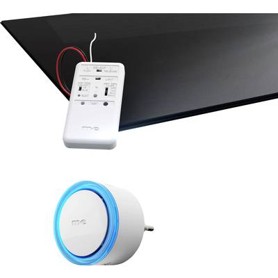 A black heating element with a white control unit and a separate round thermostat in blue and white.