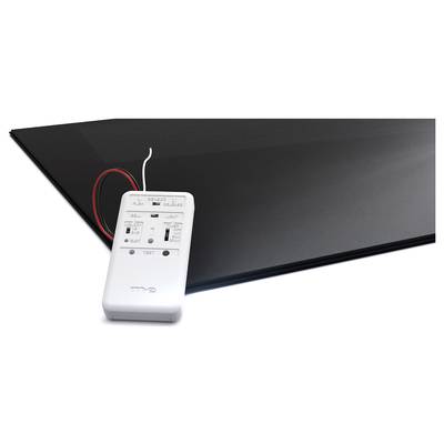An electric heating system with a black panel and a white control unit featuring labels and cables.