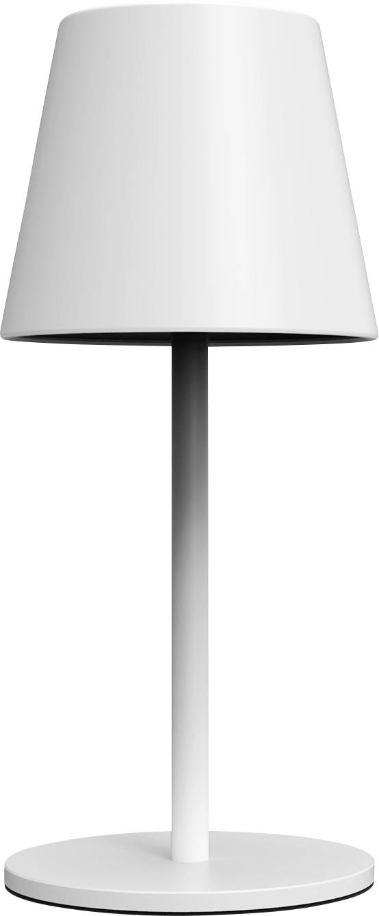A modern white table lamp with a conical shade and cylindrical base, suitable for minimalist interior design.
