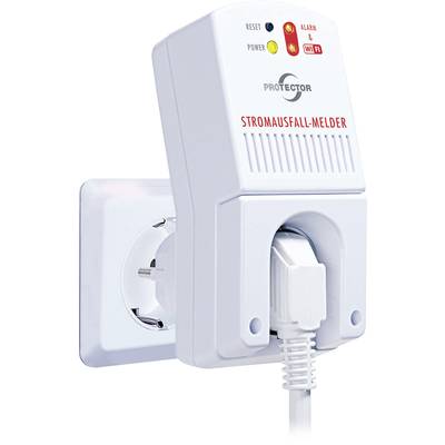 A power cut detector plugs into a socket. It has indicators for 'Reset', 'Power', 'Alarm' and 'WiFi'.