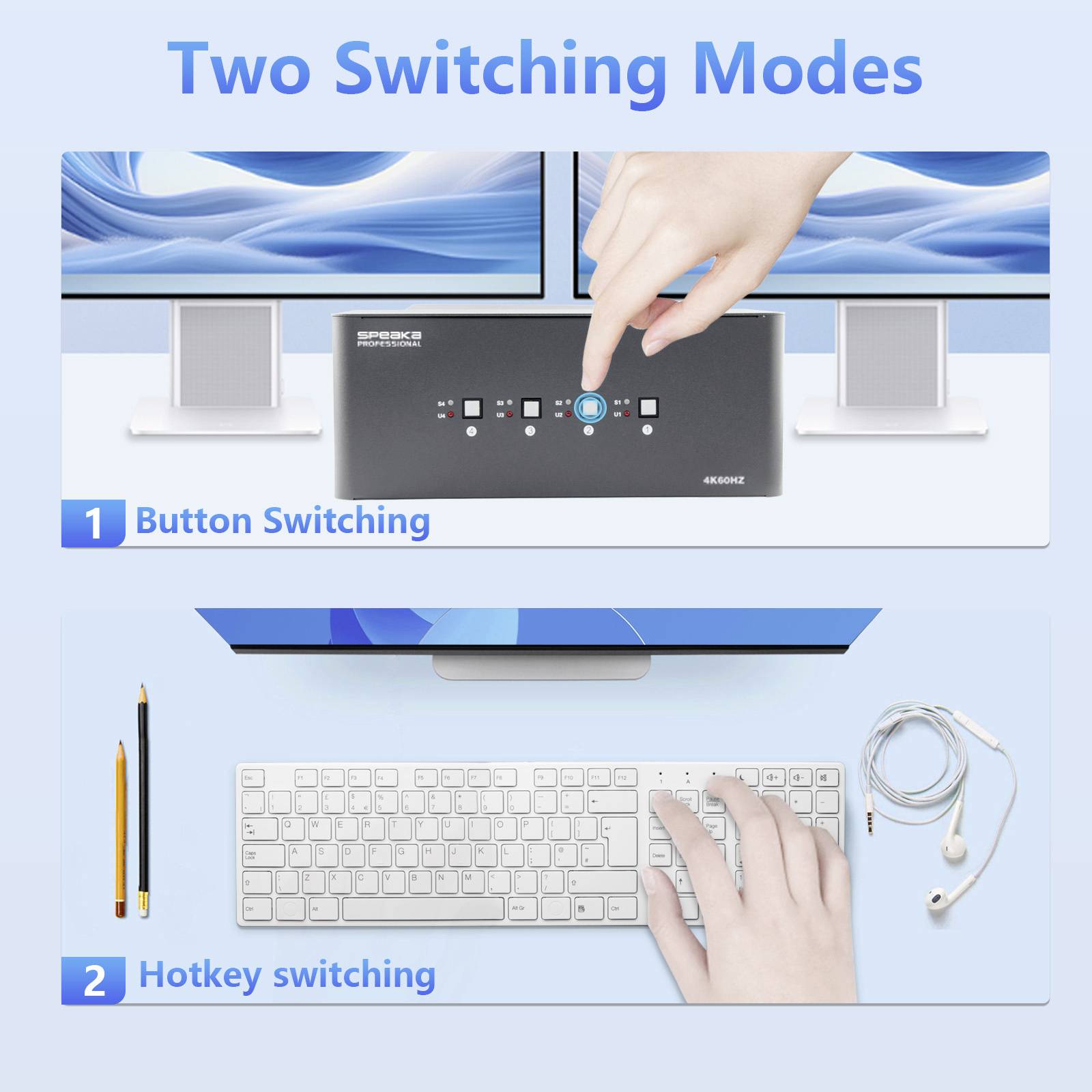 'Two toggle modes: 1. Key toggle shows a hand pressing buttons on a device. 2. Hotkey toggle with hand hovering over keyboard.'