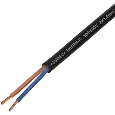 'A close-up of an electrical cable showing exposed copper wire ends and labeled sheath: H05RN-F 300/500V 2X1.0mm².'