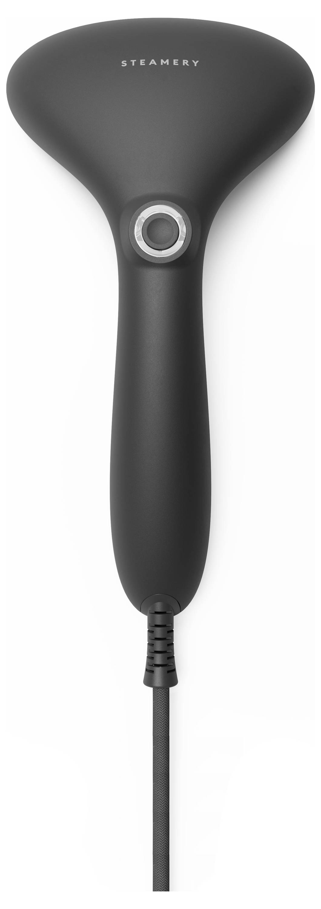 Black hand-held steam brush in an ergonomic design with steam outlet in the centre; brand name 'Steamery' printed at the top.