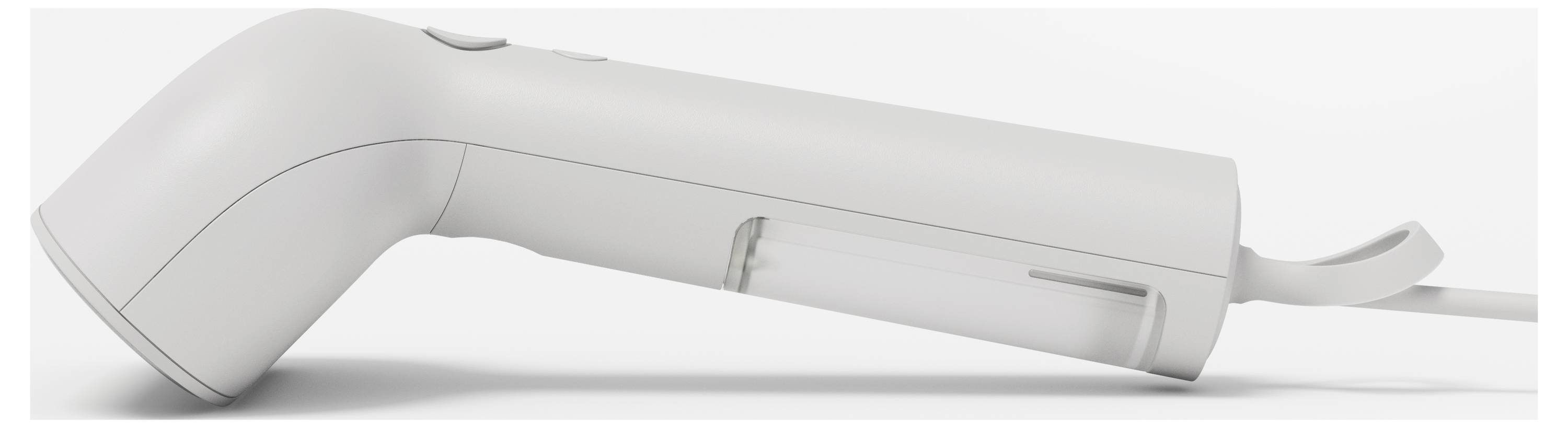 White hand-held scanner with ergonomic grip, positioned sideways, on a white background. Suitable for contactless temperature measurement.