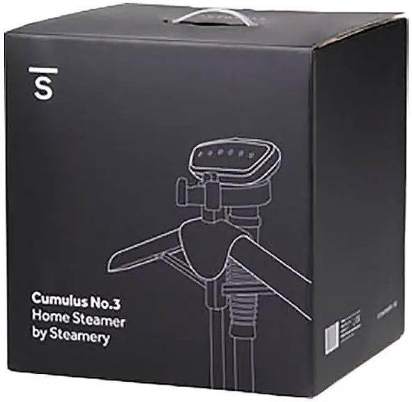 Black cardboard box with a sketched illustration of a steam device. Text reads: 'Cumulus No.3 Home Steamer by Steamery'.