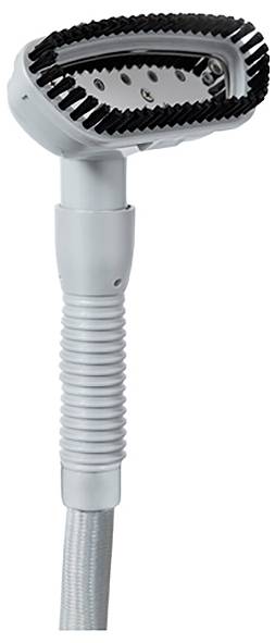 A steam iron accessory with a grey casing and a ribbed nozzle, surrounded by black brush strips.