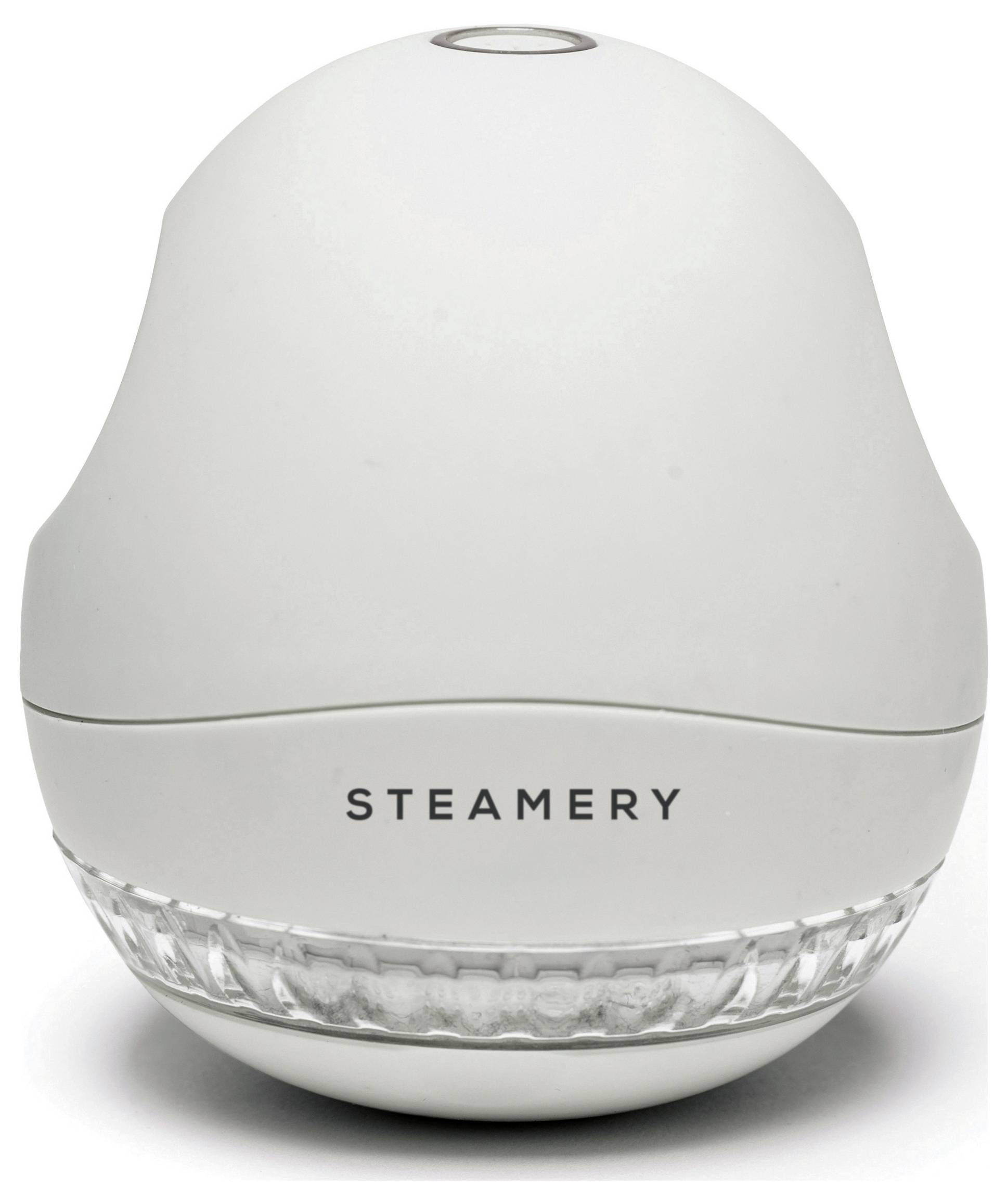 White steamer ball by Steamery, used for textile care and removing wrinkles from clothing.