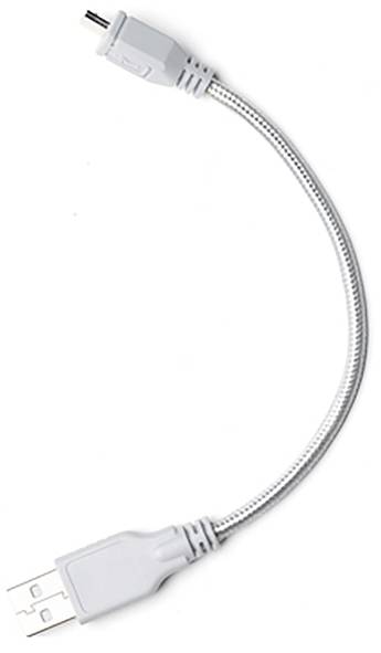 A flexible USB cable with a USB-A plug and a mini-USB plug, suitable for connecting mobile devices.