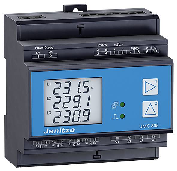 Electronic energy meter with digital display showing voltages: L1 231.5 V, L2 229.1 V, L3 230.9 V. Model name 'UMG 806'.