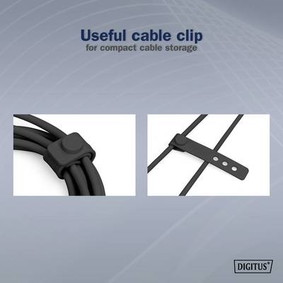'Handy Cable Clip' with two images. Left: Cable in round clip. Right: Cable in flat band clip. Text: 'for compact cable storage'.