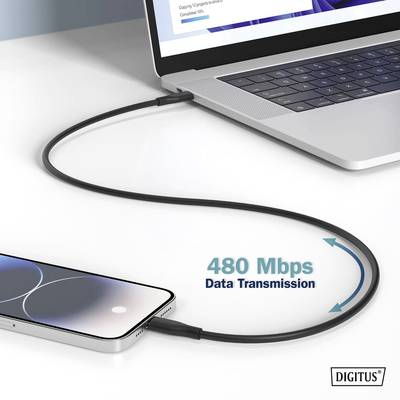 Smartphone connected to laptop via USB cable, displaying a data transfer rate of 480 Mbps.
