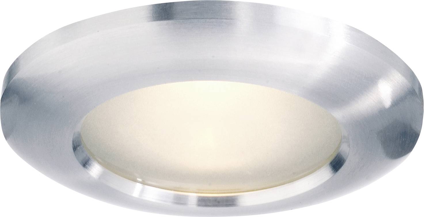 A round, silver LED recessed spotlight with a matt surface emits warm light.
