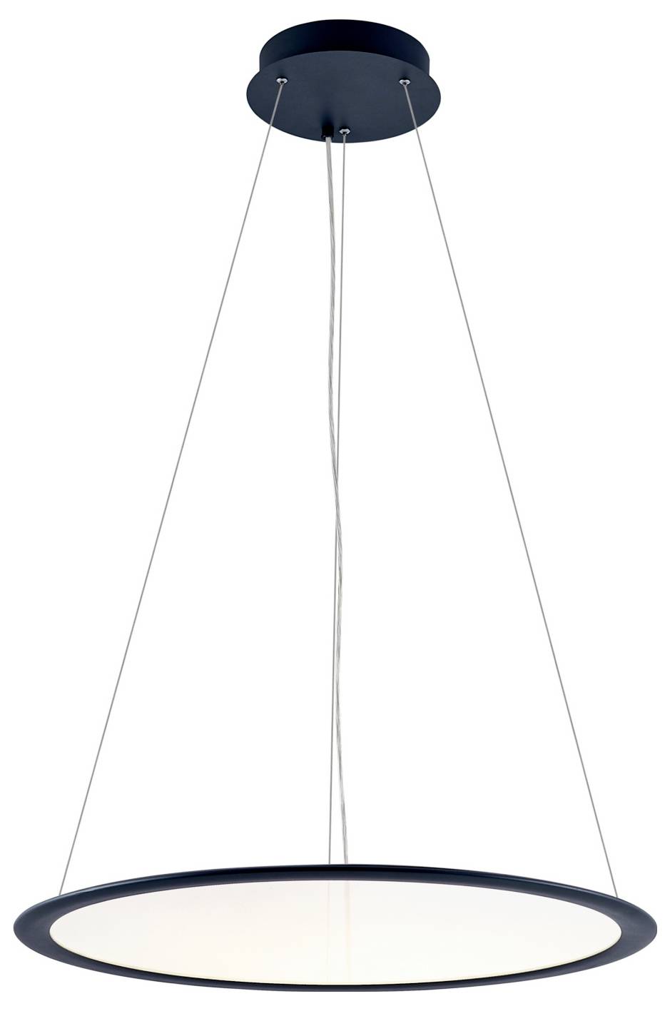 Modern circular pendant ceiling light with a dark frame and white diffuser, suspended by three cables.