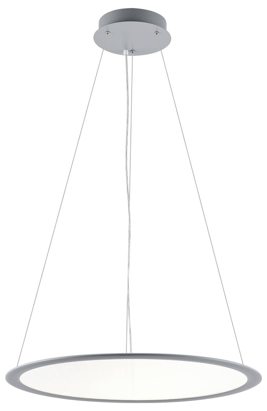 Modern round white pendant ceiling light suspended by three thin cables on a silver canopy.