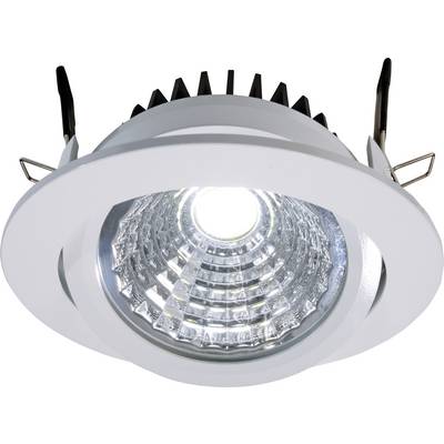 Recessed ceiling light with a contemporary design, featuring a round white frame and a radiant LED light source at its centre.