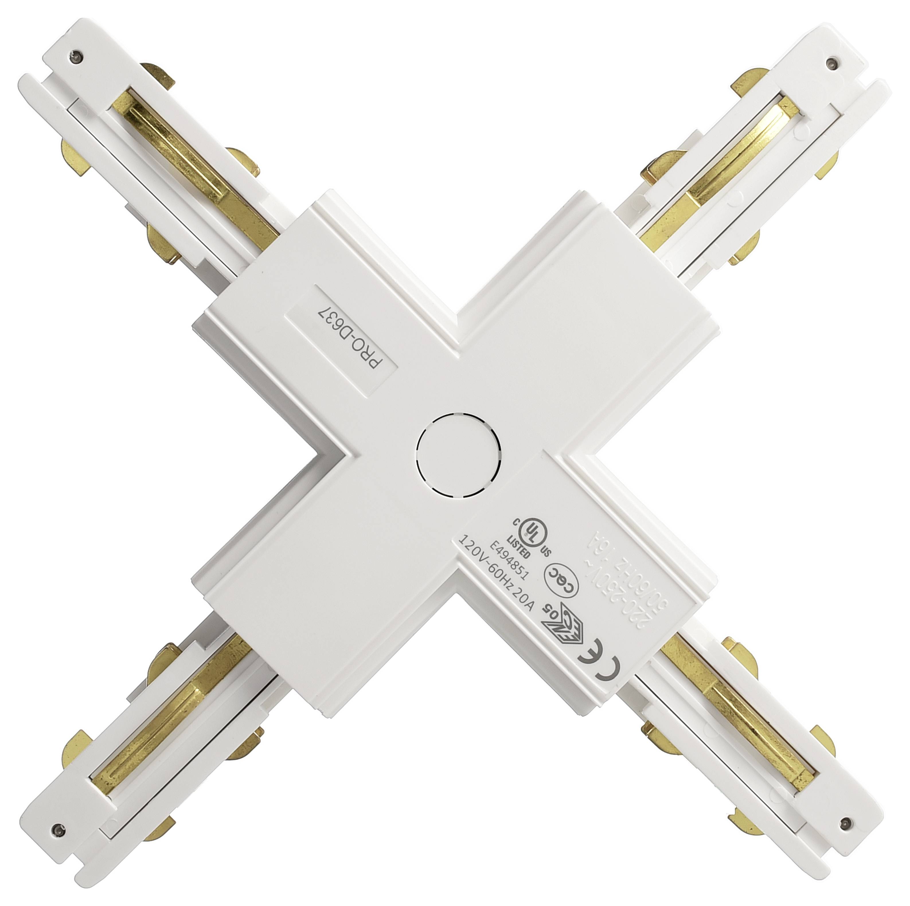 A white, cross-shaped electrical connector with four terminals for lighting tracks, certification marks are visible.