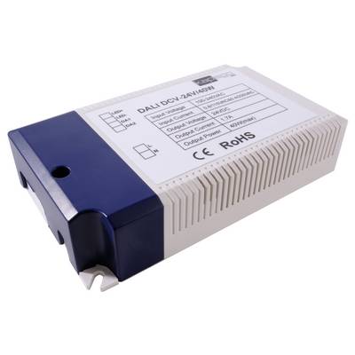 Electronic device named 'DALI DCY1.2A/48V'. Displays input and output voltages as well as current strength. CE and RoHS certified.