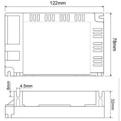 Diagram shows the side and front view of a rectangular enclosure with dimensions 122 mm x 78 mm x 32 mm; 8 mm thickness.