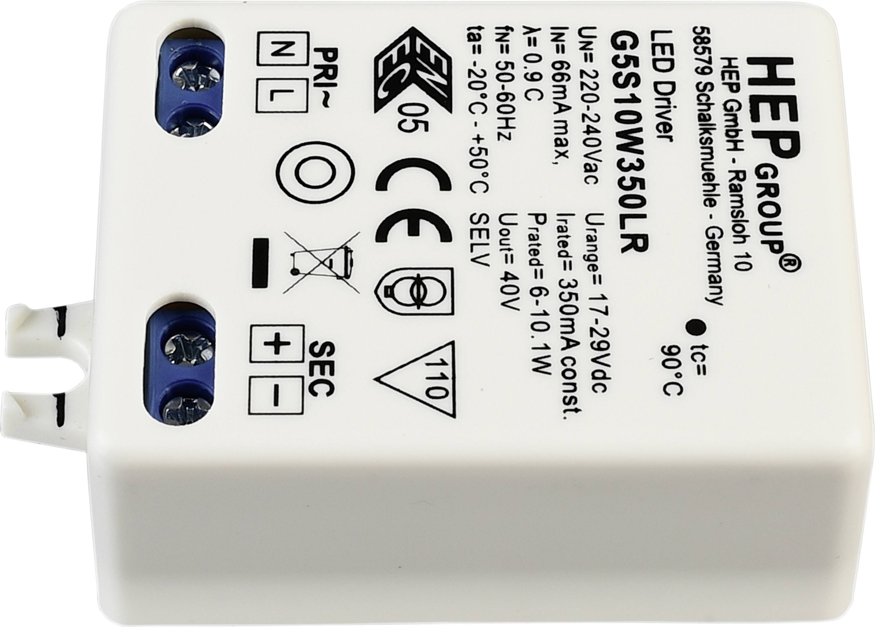 'HEP Group LED driver, Model G55/10W350LR, Input 220-240V AC, Output 17-29V DC, max. 350mA, IP 20, suitable for indoor use.'