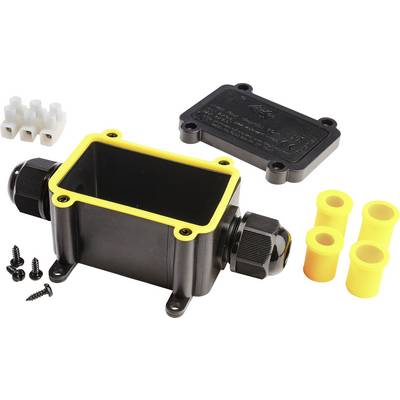 'Black cable junction box with yellow border, opened, with screws and cable glands. Lid and cable clamps placed beside it.'