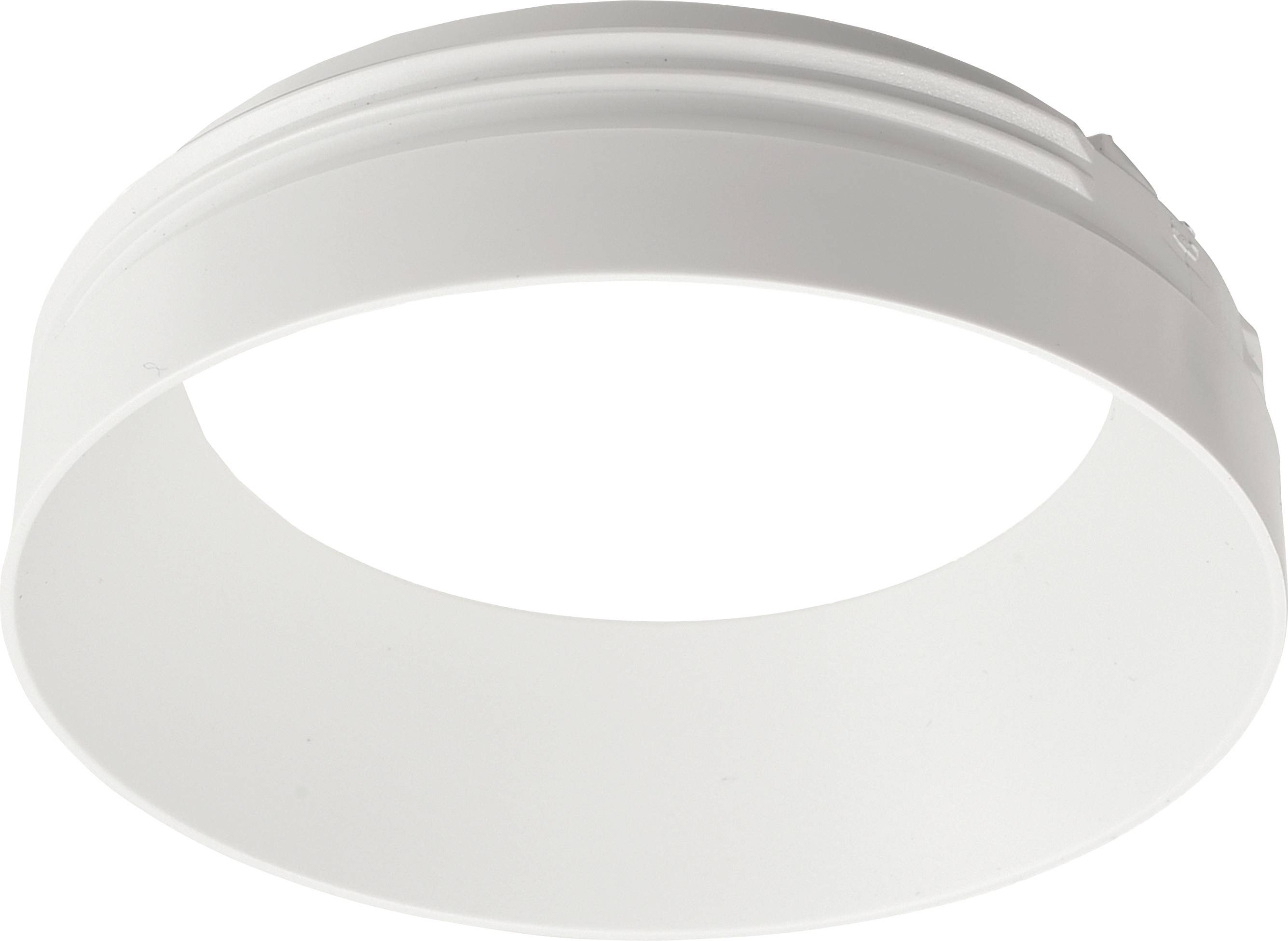 A white plastic ring, smooth with parallel grooves on the exterior. Suitable as an adapter or connecting piece.