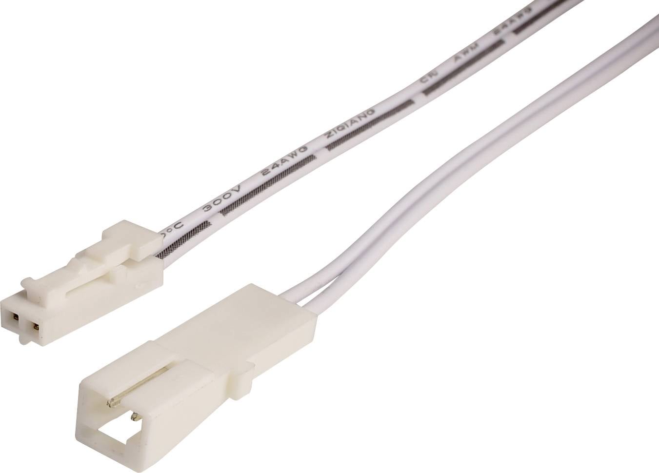 A white, two-pole connecting cable with plugs at both ends lies on a neutral background.