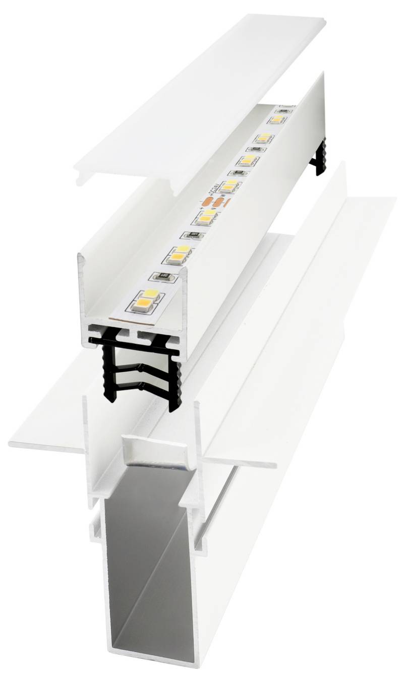 Cutaway of a white LED aluminum channel with diffuser and mounting hardware, showing the internal light strip and heat sink profile.<br>
