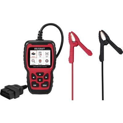 Portable OBDII battery testing device with red and black battery clamp cables. Display shows menu items such as 'OBDII', 'Battery', 'Setup'.