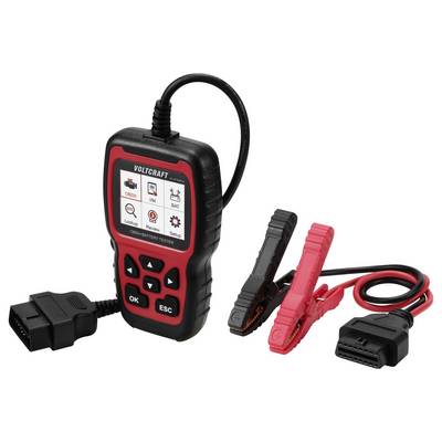 Electronic diagnostic device with display and control buttons. Two terminals in red and black for connection to a power source.
