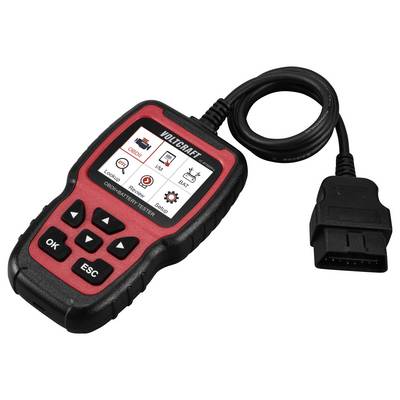 This picture shows an OBD-II diagnostic device with a display and buttons for vehicle diagnostics. Includes symbols for various diagnostic modes.