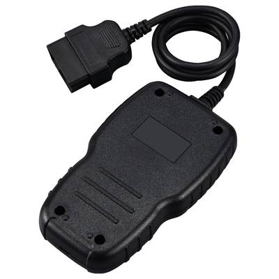 A black OBD2 diagnostic device with cable, used for vehicle diagnostics. It has a rectangular shape and a robust surface.