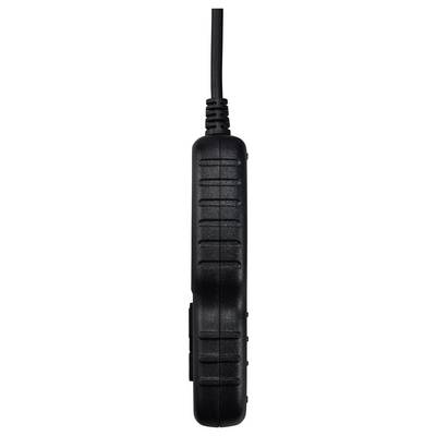 Black, elongated plug with a ribbed grip and a cable protruding from the top. Suitable for electronic devices.