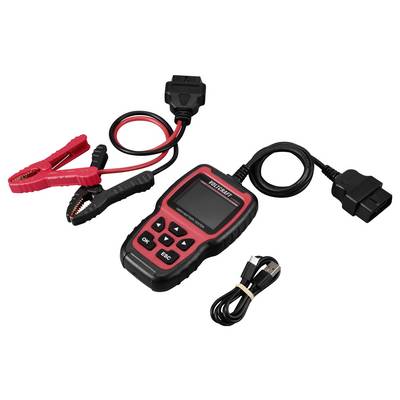 An OBD2 diagnostic device with a screen, buttons, and cables for connecting to a vehicle and laptop. Includes battery clamps and a USB cable. Ideal for vehicle diagnostics.