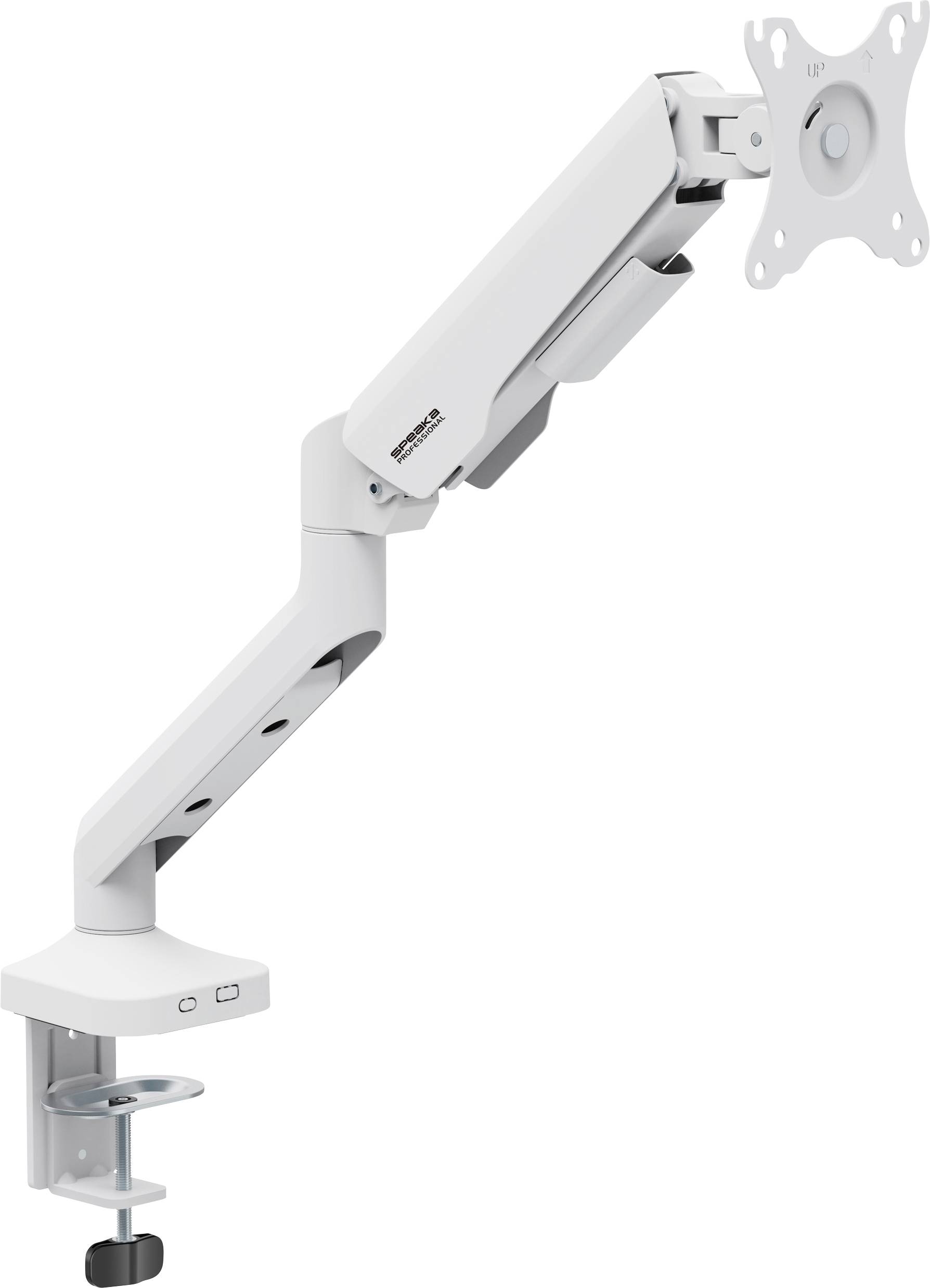 Height-adjustable metal monitor arm with desk clamp, suitable for VESA-compatible displays.